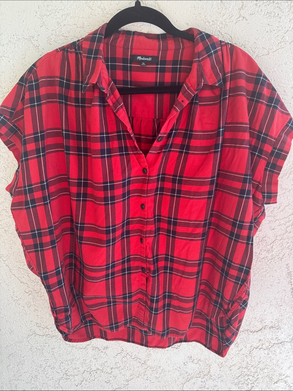 Madewell Red and Black Plaid Short-Sleeve Button-Front Shirt size XL